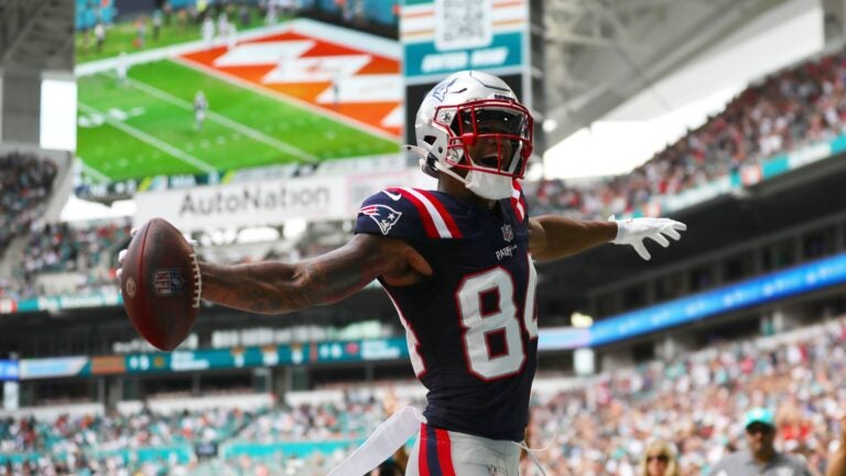 MIAMI GARDENS, FLORIDA - OCTOBER 29: Kendrick Bourne #84 of the New England Patriots celebrates a receiving touchdown during the first quarter against the Miami Dolphins at Hard Rock Stadium on October 29, 2023 in Miami Gardens, Florida.