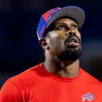 Buffalo Bills linebacker Von Miller (40) warms up before an NFL football game, Sunday, Oct. 15, 2023, in Orchard Park, NY.