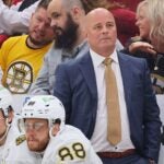 Head coach Jim Montgomery of the Boston Bruins looks on against the Chicago Blackhawks during the first period at the United Center on October 24, 2023 in Chicago, Illinois.