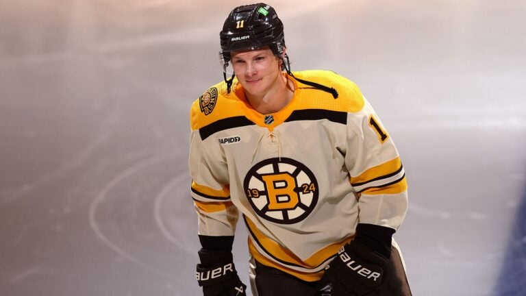 Trent Frederic #11 of the Boston Bruins is announced before the Bruins home opener against the Chicago Blackhawks at TD Garden on October 11, 2023 in Boston, Massachusetts.