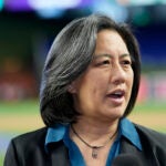 Miami Marlins General Manager Kim Ng speaks with the news media.