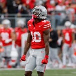 Ohio State receiver Marvin Harrison plays against Maryland during an NCAA college football game Saturday, Oct. 7, 2023, in Columbus, Ohio.
