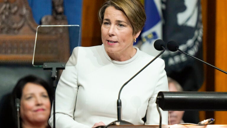 Massachusetts Gov. Maura Healey delivers her inaugural address in the House Chamber.