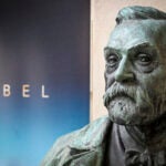 A bust of Alfred Nobel on display.
