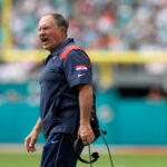 New England Patriots head coach Bill Belichick shouts during the first half of an NFL football game against the Miami Dolphins, Sunday, Oct. 29, 2023, in Miami Gardens, Fla.