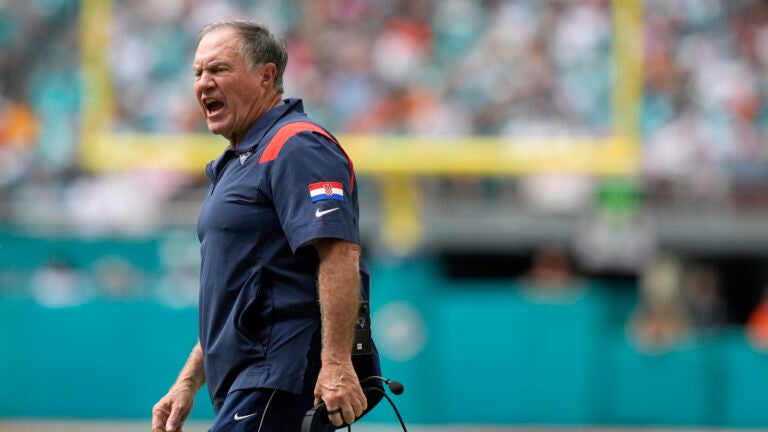 New England Patriots head coach Bill Belichick shouts during the first half of an NFL football game against the Miami Dolphins, Sunday, Oct. 29, 2023, in Miami Gardens, Fla.