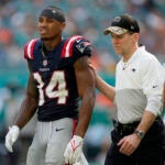 New England Patriots wide receiver Kendrick Bourne (84) is led off the field during the second half of an NFL football game against the Miami Dolphins, Sunday, Oct. 29, 2023, in Miami Gardens, Fla.