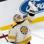 Boston Bruins' Jeremy Swayman reacts after the Bruins defeated the Detroit Red Wings during an NHL hockey game, Saturday, Oct. 28, 2023, in Boston.