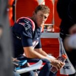New England Patriots quarterback Mac Jones during the second half of an NFL football game against the New Orleans Saints, Sunday, Oct. 8, 2023, in Foxborough, Mass.