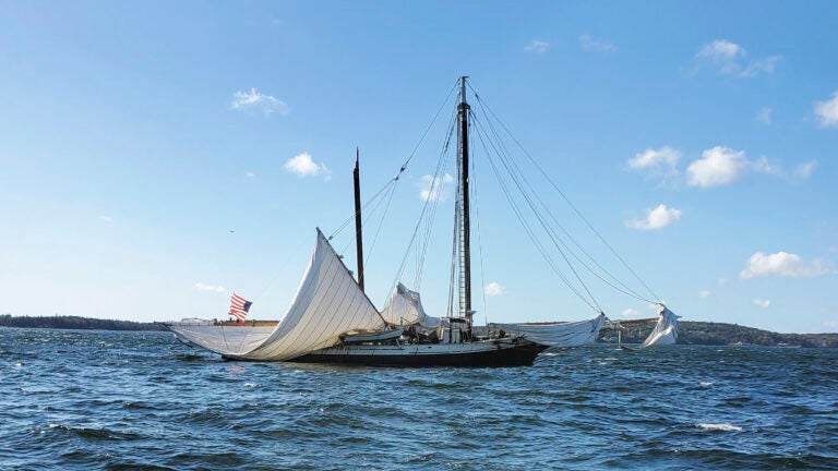 FILE - This photo provided by Kurt Schleicher shows the schooner Grace Bailey with its main mast broken off the coast of Rockland, Maine, Monday, Oct. 9, 2023.