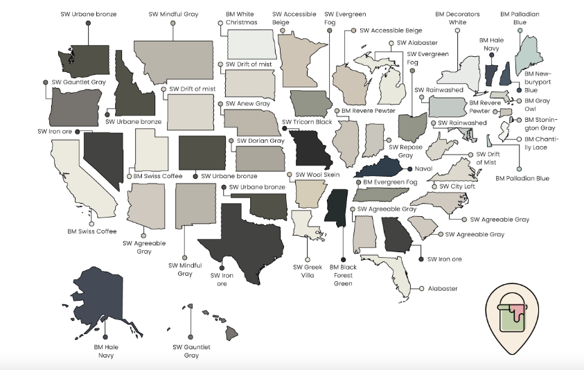 Most popular paint colors for each of the 50 states. 