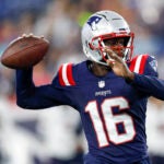 New England Patriots quarterback Malik Cunningham (16) makes a pass during the second half of an NFL pre-season football game against the Houston Texans, Thursday, Aug. 10, 2023, in Foxborough, Mass.