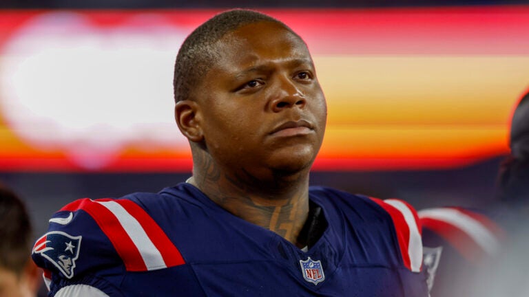 New England Patriots offensive tackle Trent Brown (77) reacts during the first half of an NFL pre-season football game against the Houston Texans, Thursday, Aug. 10, 2023, in Foxborough, Mass.