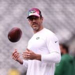 Aaron Rodgers #8 of the New York Jets looks on prior to the game against the Philadelphia Eagles at MetLife Stadium on October 15, 2023 in East Rutherford, New Jersey.