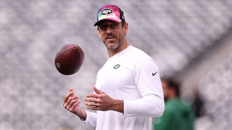 Aaron Rodgers #8 of the New York Jets looks on prior to the game against the Philadelphia Eagles at MetLife Stadium on October 15, 2023 in East Rutherford, New Jersey.