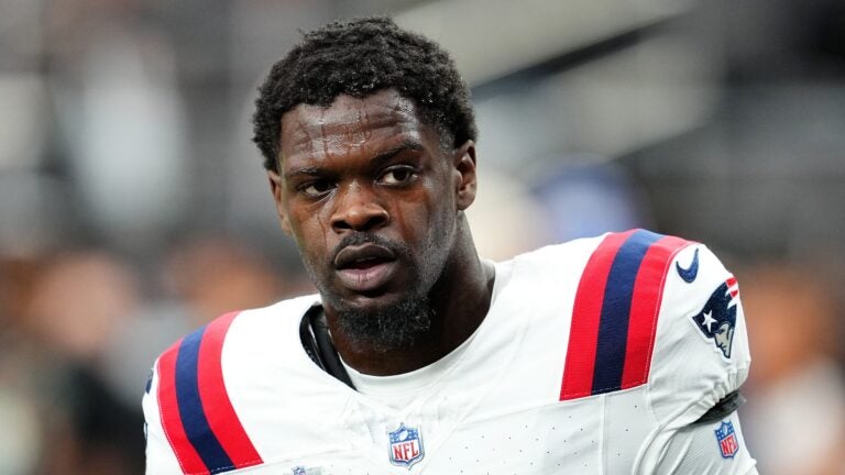 Malik Cunningham #16 of the New England Patriots looks on prior to a game against the Las Vegas Raiders at Allegiant Stadium on October 15, 2023 in Las Vegas, Nevada.