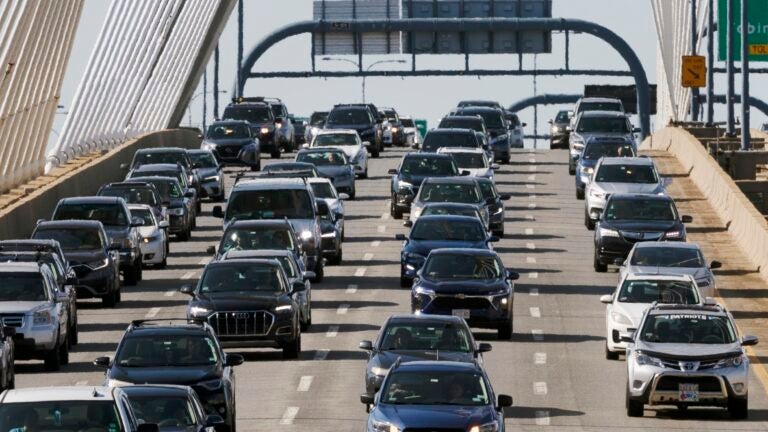 Heavy traffic heads south on Interstate 93 over the Zakim Bridge.