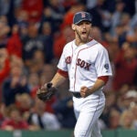 Red Sox reliever Craig Breslow reacts after he got the Rays Evan Longoria to ground into a double play to end the top of the 7th inining. The Boston Red Sox hosted the Tampa Bay Rays in Game Two of their ALDS baseball playoffs at Fenway Park.