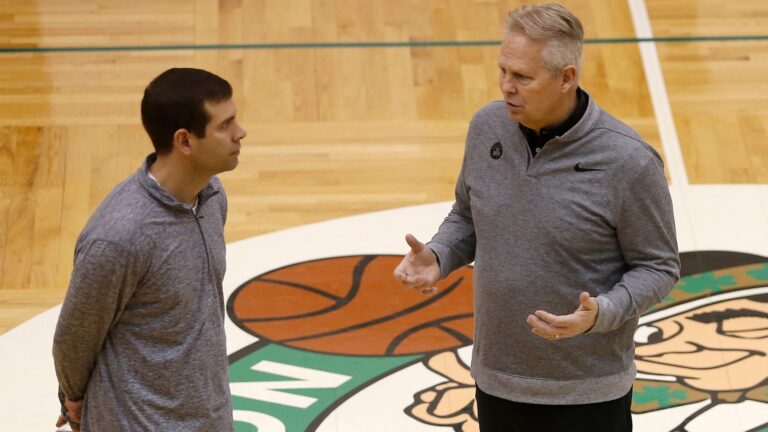 Waltham, MA--4/23/2018-- Celtics Head Coach Brad Stevens (L) chats with Celtics General Manager Danny Ainge during practice.