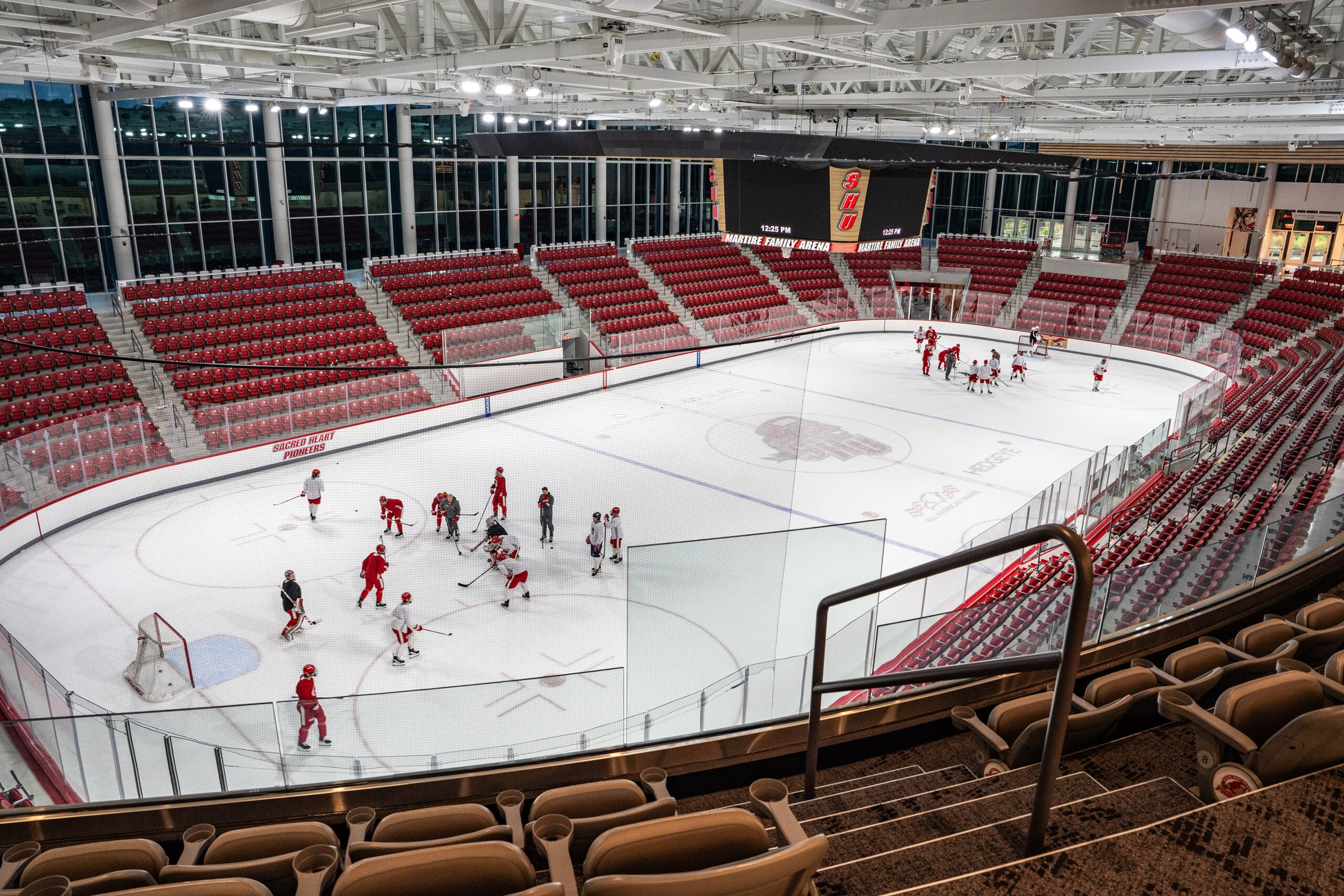 The hockey team practices at the new Martire Family Arena on the West Campus of Sacred Heart University.