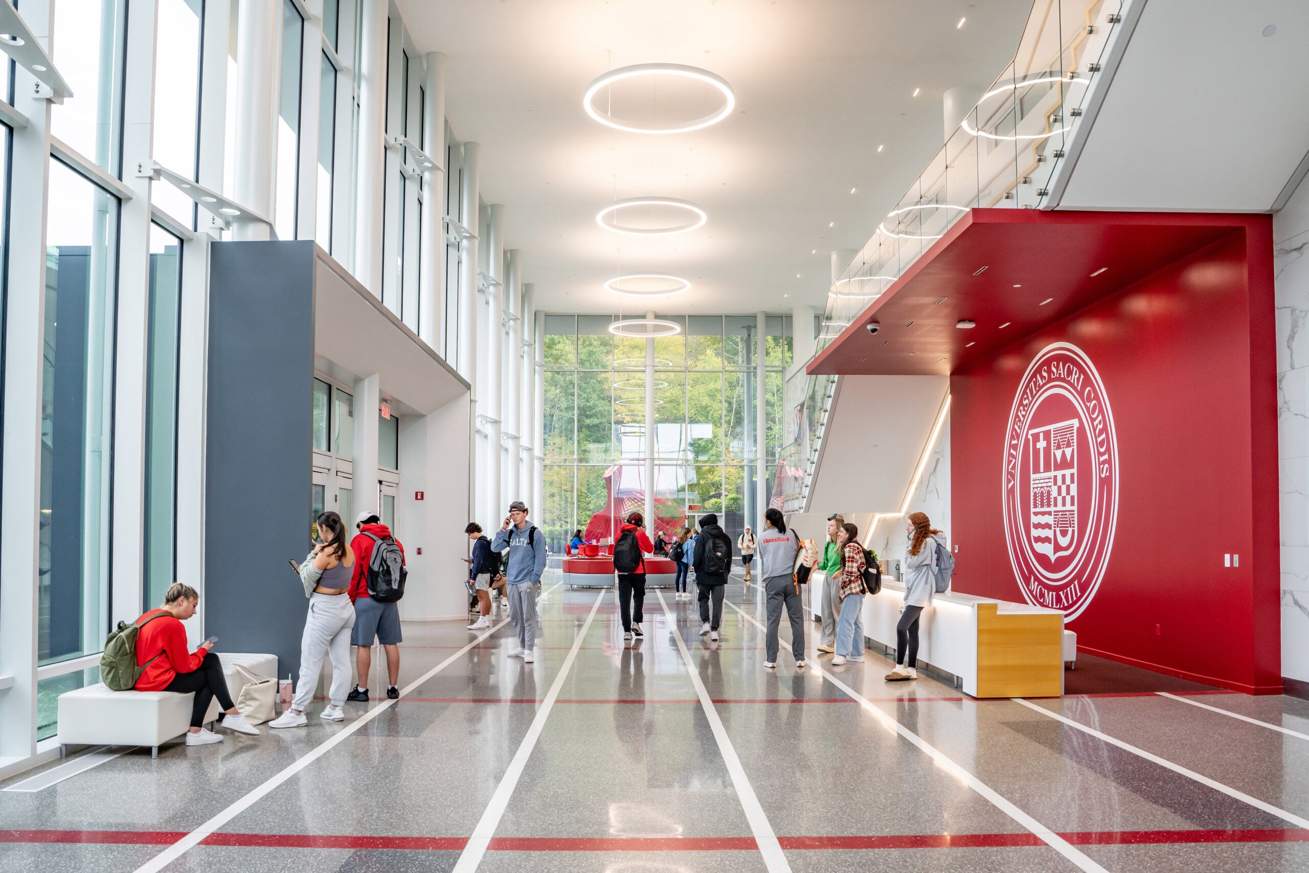 A new two-story glass atrium in the West Building at Sacred Heart University. 