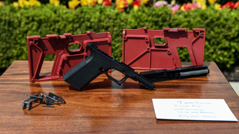A build kit for a 9-millimeter pistol on display at the White House, Washington, on April 11, 2022.