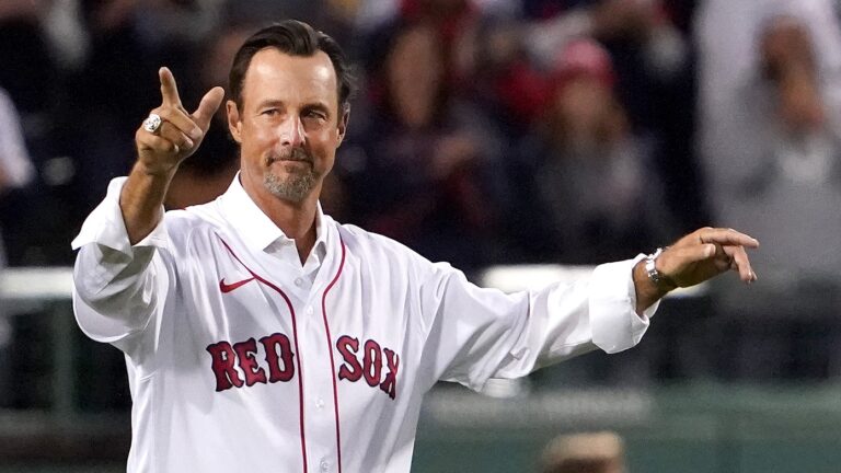 Former Red Sox pitcher Tim Wakefield on the field before throwing out the ceremonial pitch. Boston Red Sox host Houston Astros, Game 4 of the ALCS on Tuesday, Oct. 19, 2021 at Fenway Park.