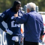 Newly accuired New England Patriots J.C. Jackson (29) talking to Robert Kraft during practice on the Gillette Stadium practice field.