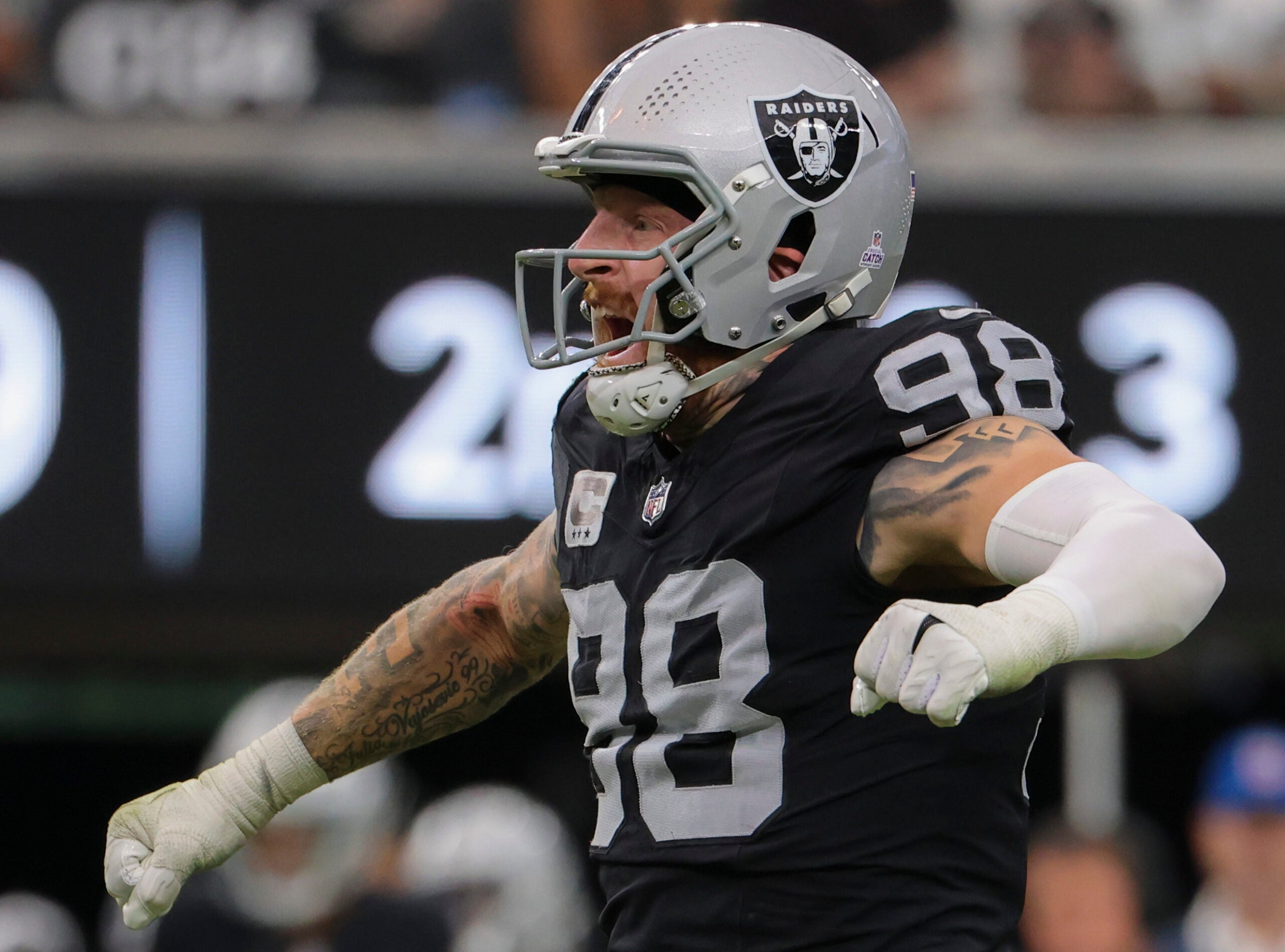 Las Vegas Raiders Maxx Crosby reacting after making a defensive stop. 