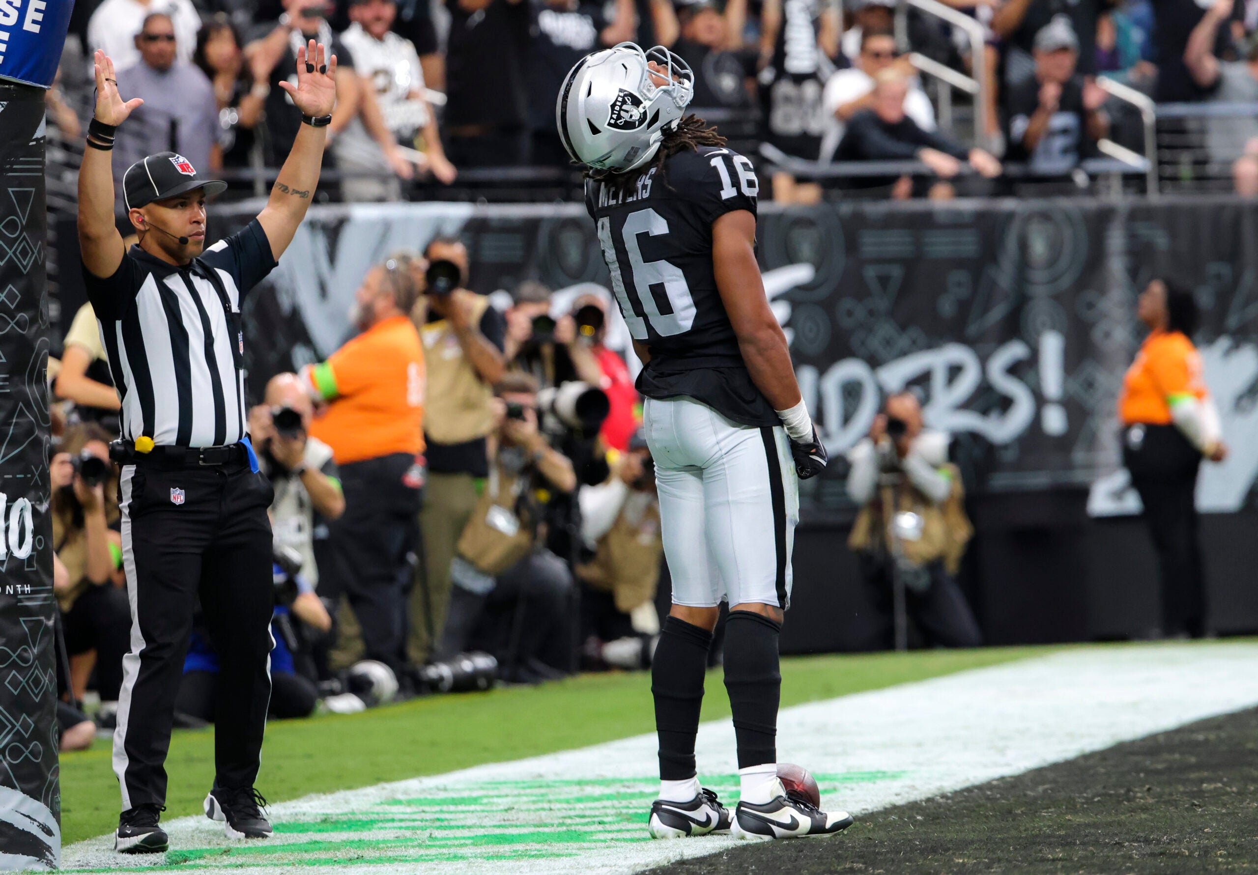 Las Vegas Raiders Jakobi Meyers reacting after his touchdown reception against the New England Patriots.
