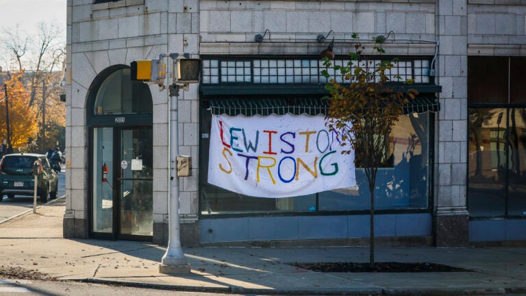 A sign that reads "Lewiston Strong" outside a business.