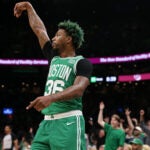 The Celtics Marcus Smart (36) watches as he hit an early first quarter three pointer. The Boston Celtics hosted the Miami Heat for Game Five of their NBA Eastern Conference Championship series at the TD Garden.