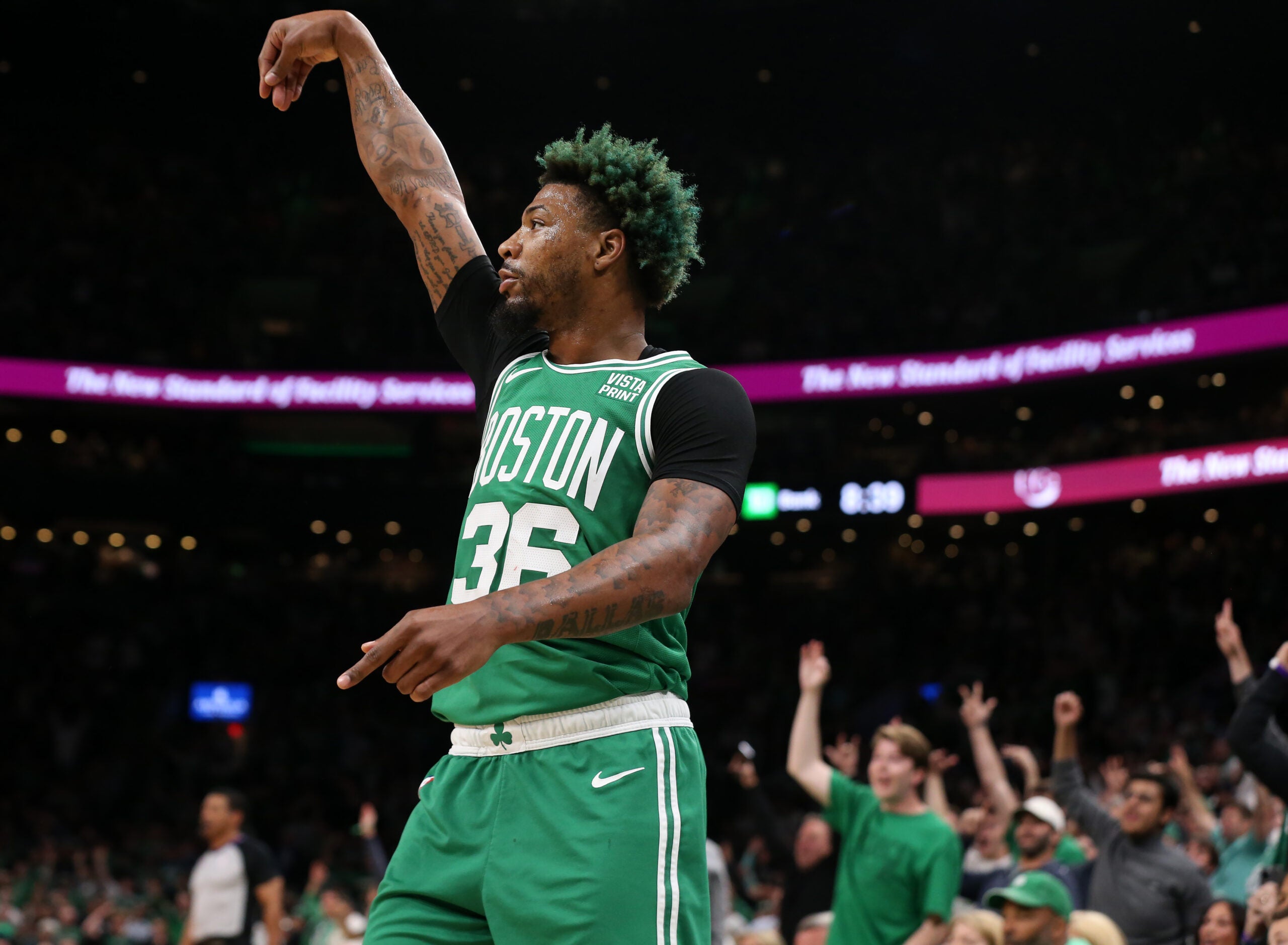 The Celtics Marcus Smart (36) watches as he hit an early first quarter three pointer. The Boston Celtics hosted the Miami Heat for Game Five of their NBA Eastern Conference Championship series at the TD Garden.