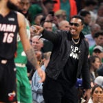05-25-23: Boston, MA: Former Celtics great Paul Pierce was sitting courtside. The Boston Celtics hosted the Miami Heat for Game Five of their NBA Eastern Conference Championship series at the TD Garden.