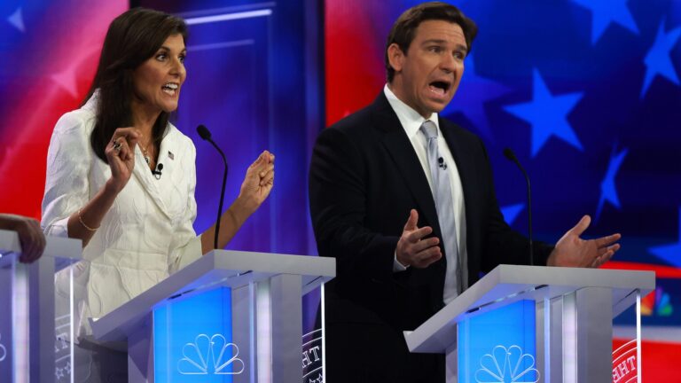 Republican presidential candidates Nikki Haley and Ron DeSantis participated in the Republican presidential primary debate in Miami on Wednesday, Nov. 8.