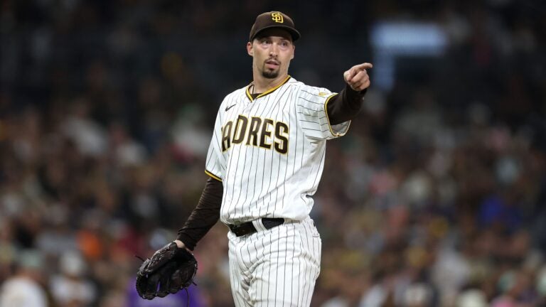 SAN DIEGO, CALIFORNIA - SEPTEMBER 19: Blake Snell #4 of the San Diego Padres looks o during the sixth inning of a game against the Colorado Rockies at PETCO Park on September 19, 2023 in San Diego, California.
