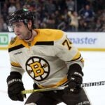Jake DeBrusk #74 of the Boston Bruins celebrates after scoring against Ilya Samsonov #35 of the Toronto Maple Leafs in the shootout at TD Garden on November 02, 2023 in Boston, Massachusetts. The Bruins defeat the Maple Leafs 3-2 in overtime.