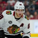 Chicago Blackhawks right wing Patrick Kane (88) plays against the Detroit Red Wings in the first period of an NHL preseason hockey game Monday, Oct. 4, 2021, in Detroit.