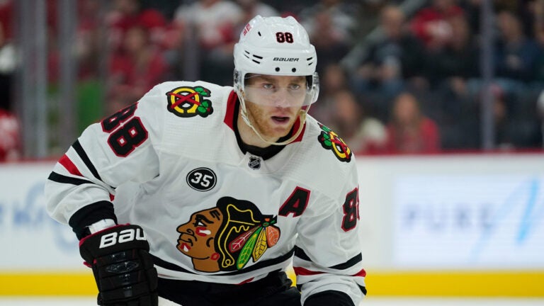 Chicago Blackhawks right wing Patrick Kane (88) plays against the Detroit Red Wings in the first period of an NHL preseason hockey game Monday, Oct. 4, 2021, in Detroit.