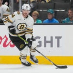 Boston Bruins center Jakub Lauko during an NHL hockey game against the San Jose Sharks in San Jose, Calif., Thursday, Oct. 19, 2023.