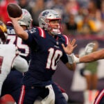 New England Patriots quarterback Mac Jones (10) during an NFL football game, Sunday, Nov. 5, 2023, in Foxborough, Mass.