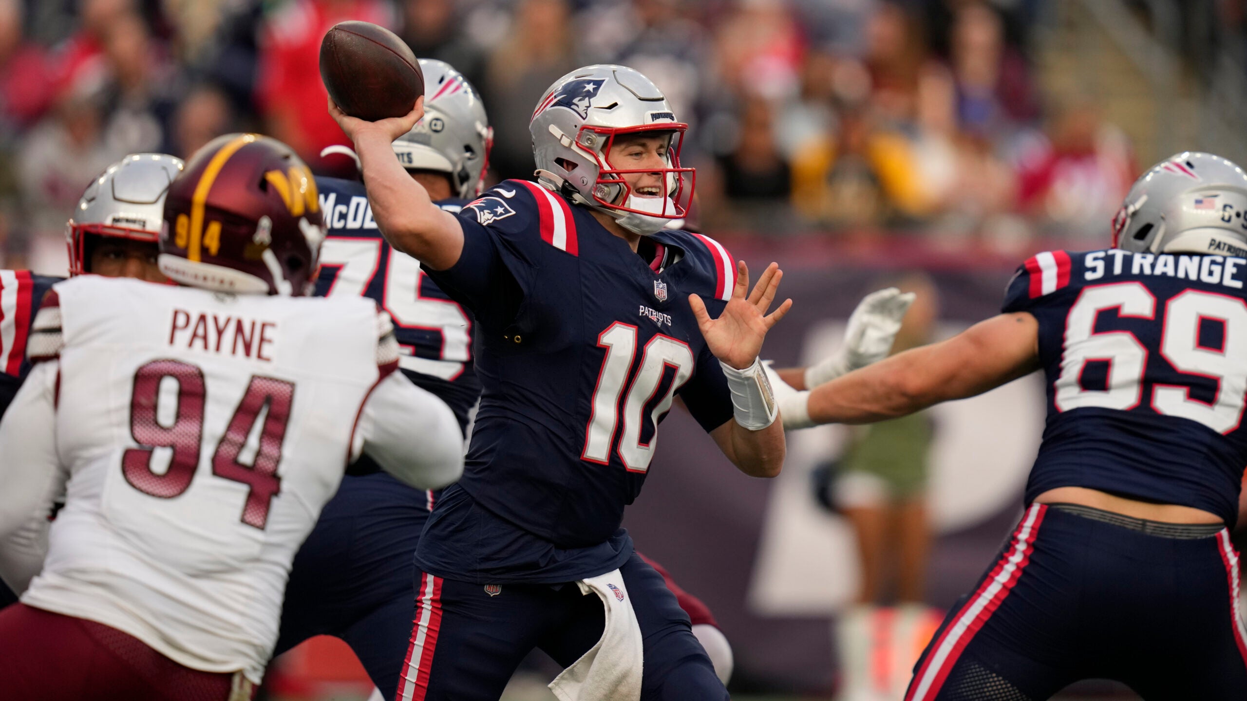 New England Patriots quarterback Mac Jones (10) during an NFL football game, Sunday, Nov. 5, 2023, in Foxborough, Mass.