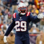 New England Patriots cornerback J.C. Jackson during an NFL football game against the Washington Commanders at Gillette Stadium, Sunday Nov. 5, 2023 in Foxborough, Mass.