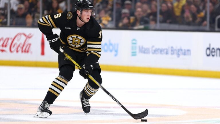 BOSTON, MASSACHUSETTS - NOVEMBER 09: Mason Lohrei #6 of the Boston Bruins skates against the New York Islanders during the first period at TD Garden on November 09, 2023 in Boston, Massachusetts.