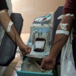 Palestinians donate blood at Nasser hospital in Khan Younis, southern Gaza Strip.