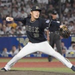 Japanese pitcher Yoshinobu Yamamoto of the Orix Buffaloes pitches against the Lotte Marines in Chiba, east of Tokyo, Saturday, Sept. 9, 2023. Yamamoto has pitched a no-hit game for his Japanese club.