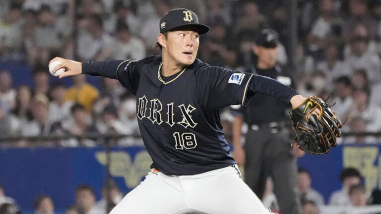 Japanese pitcher Yoshinobu Yamamoto of the Orix Buffaloes pitches against the Lotte Marines in Chiba, east of Tokyo, Saturday, Sept. 9, 2023. Yamamoto has pitched a no-hit game for his Japanese club.