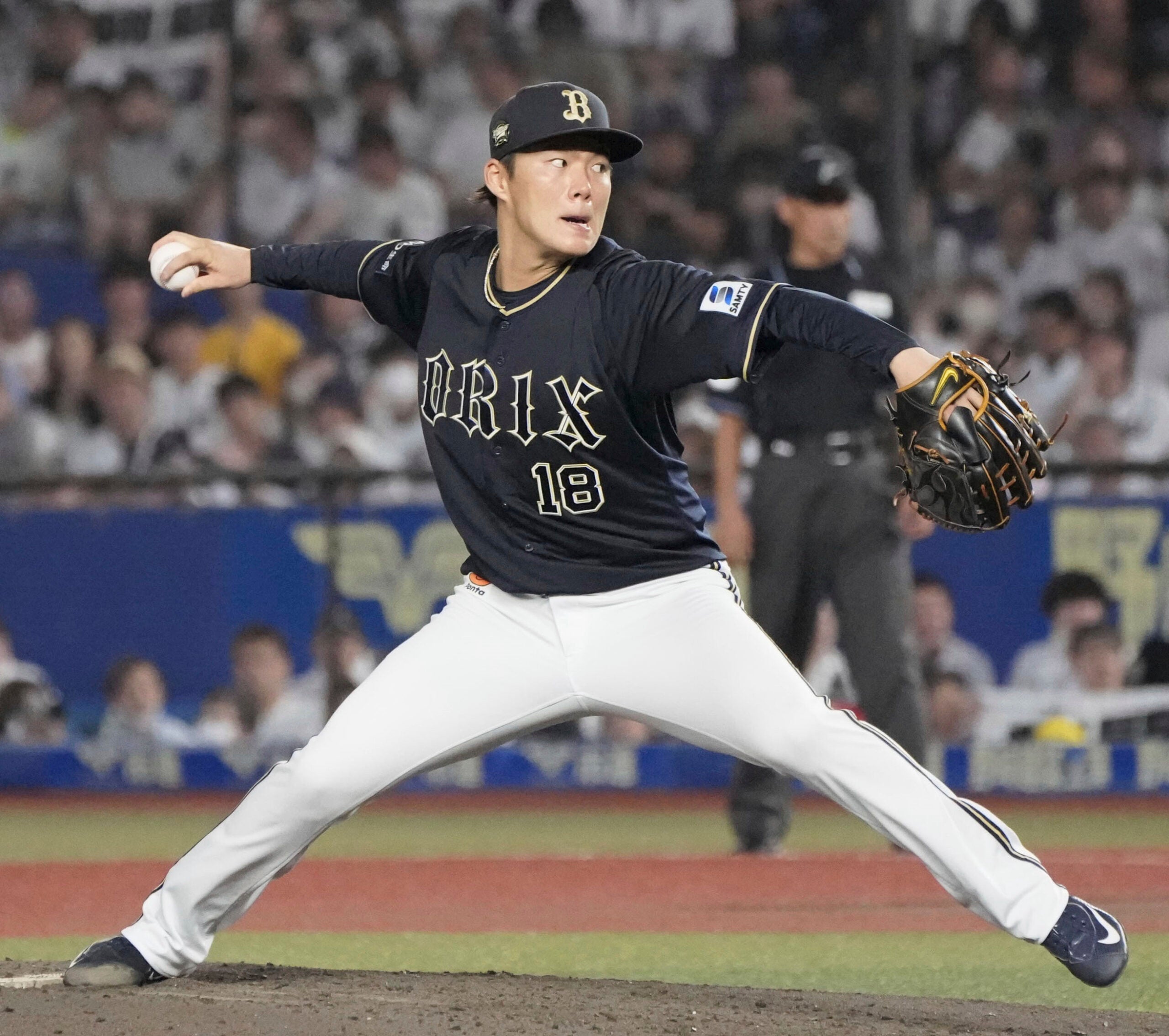 Japanese pitcher Yoshinobu Yamamoto of the Orix Buffaloes pitches against the Lotte Marines in Chiba, east of Tokyo, Saturday, Sept. 9, 2023. Yamamoto has pitched a no-hit game for his Japanese club.