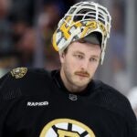 BOSTON, MASSACHUSETTS - NOVEMBER 09: Linus Ullmark #35 of the Boston Bruins looks on during the second period against the New York Islanders at TD Garden on November 09, 2023 in Boston, Massachusetts.