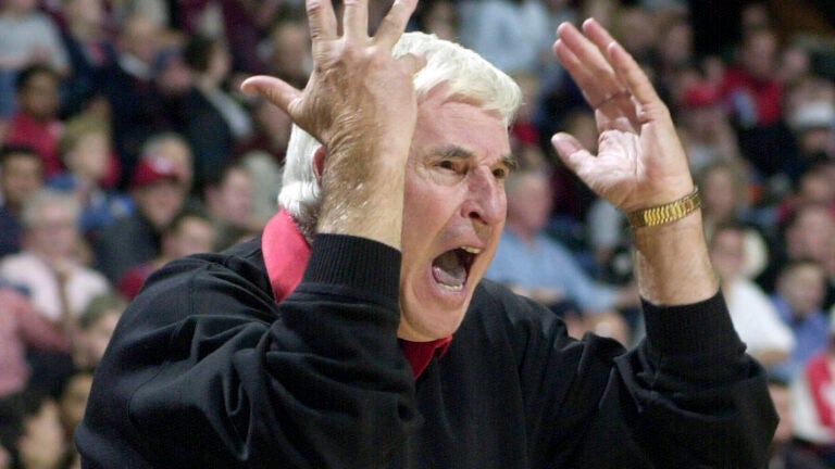 FILE - Texas Tech coach Bob Knight yells from the sidelines in the first half of a college basketball game against Houston, Dec. 14, 2001 in Houston.
